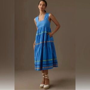 Helena Square Neck Tiered Midi Dress Smocked Scallop Blue | Size M